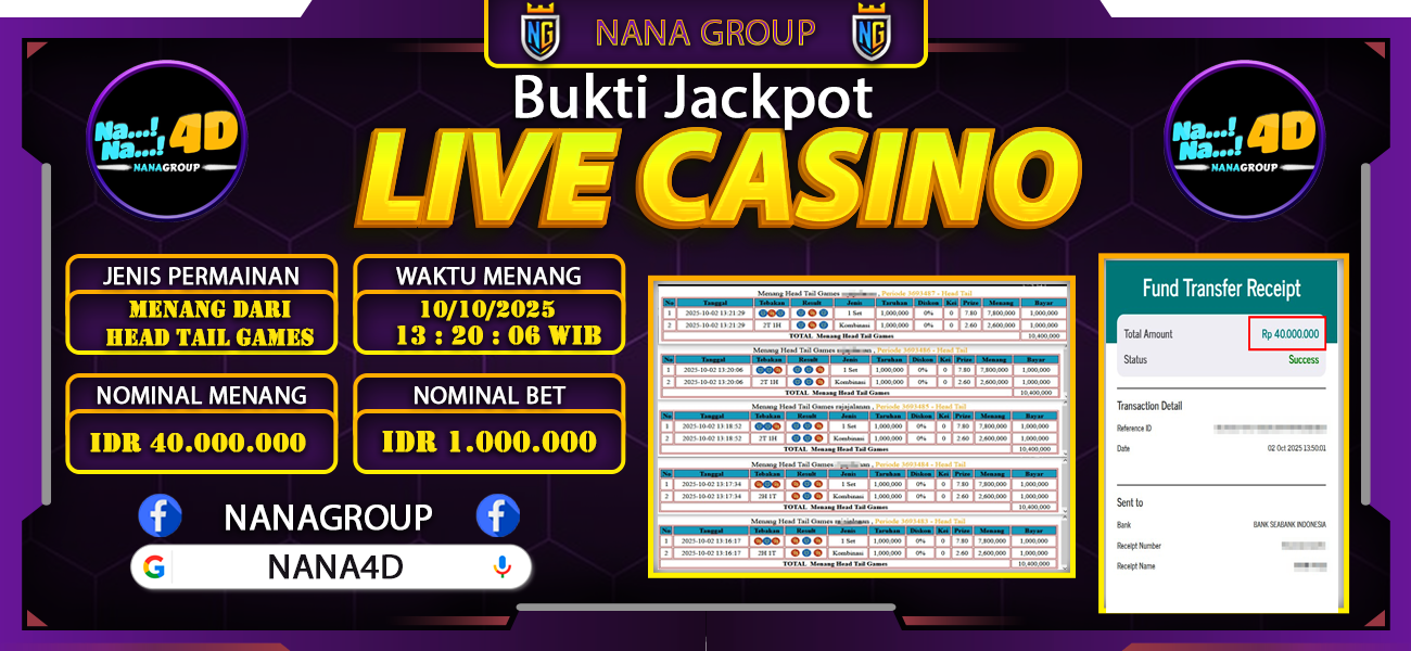 Bukti Kemenangan Besar Dibayar lunas Member NANA4D RP 40.000.000, 3 Oktober 2025